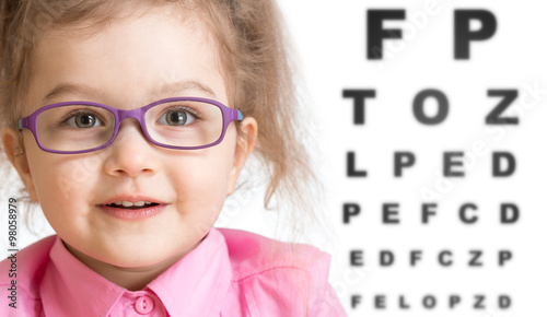 Smiling girl putting on glasses with blurry eye chart behind her photo