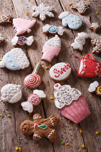 Christmas gingerbread in pastel colors close-up. vertical background 