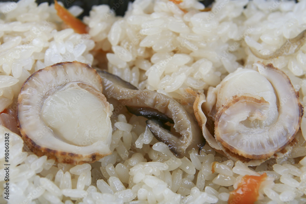 Honata Rice Hotate Gohan, Scallop rice, Japanese local food from Aomori Stock Photo ...