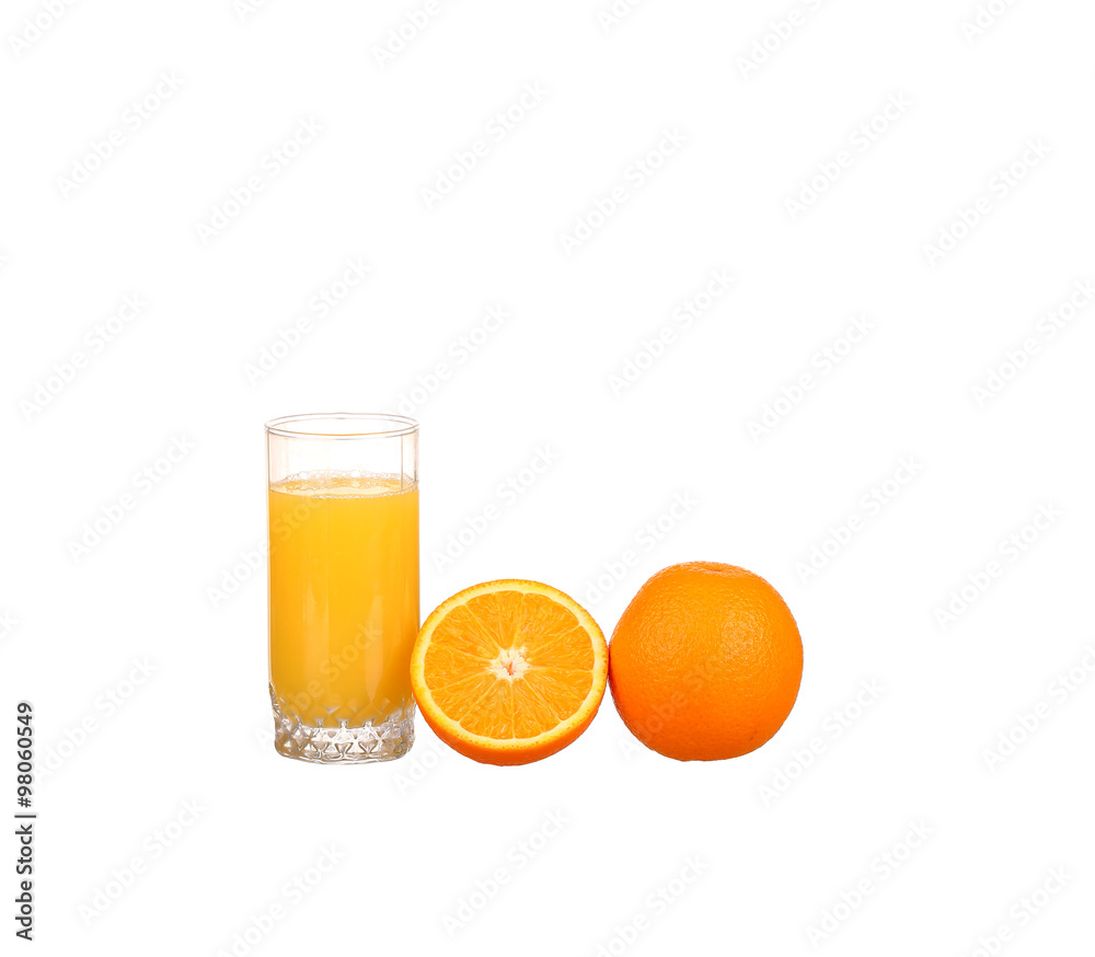 Orange juice and slices of orange isolated on white Orange juice and slices of orange isolated on white