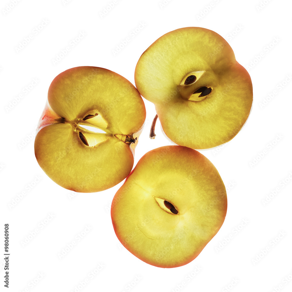 Apple cut into slices. Delicious healthy food. Isolated on white background. Top view. Apple cut into slices. Delicious healthy food. Isolated on white background. Top view.