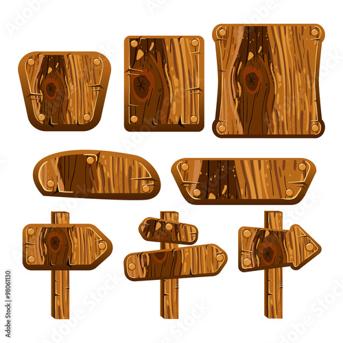 A set of wooden boards, panels and signs.
