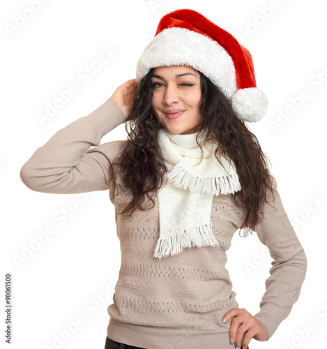 beautiful young woman portrait in santa helper hat posing on white