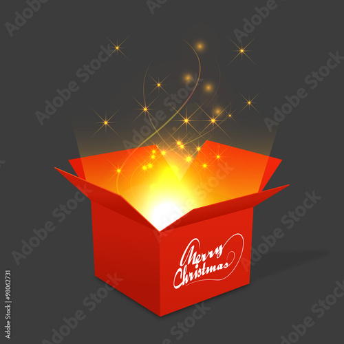 Open gift box and magic light fireworks Christmas vector background.
