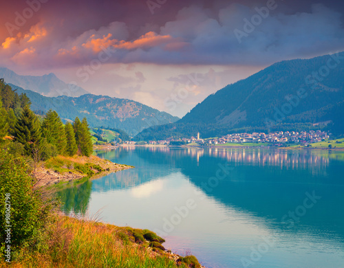 Colorful summer morning on the Resia lake
