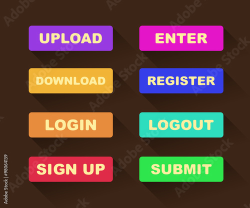 Web UI icon elements- Login, Sign up, Submit, Download, Upload, Enter and Logout buttons. Vector illustration.