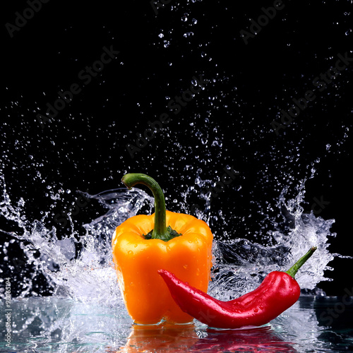 Studio shot with freeze motion of peppers in water splash on bla