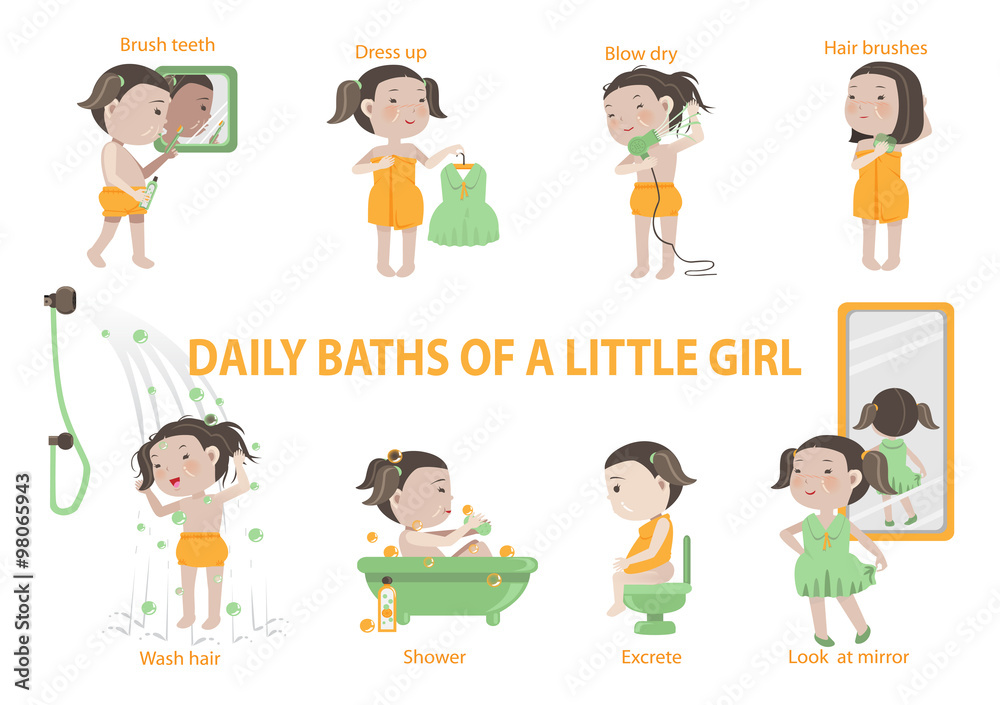 Daily baths of a little girl infographic.Vector Illustration set of characters Daily baths of a little girl infographic.Vector Illustration set of characters