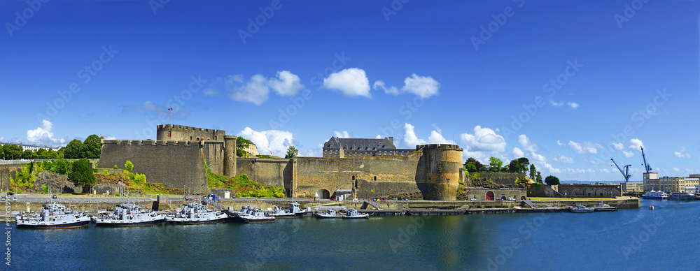 Harbor and Old castle of city Brest, Finistere, Brittany