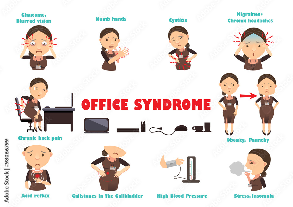 Ten disease caused by computer work, vector illustration Ten disease caused by computer work, vector illustration