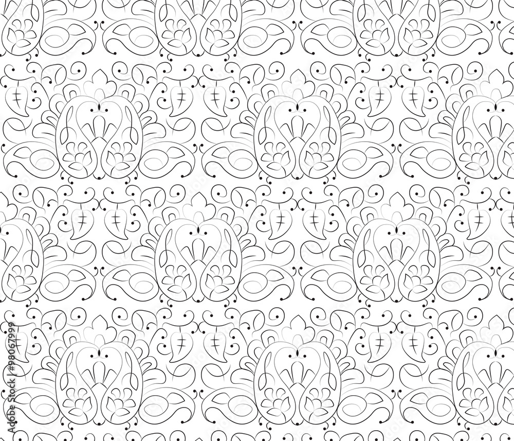 Hand made floral ornament pattern with different petals, flowers, and heart shapes. Vector 