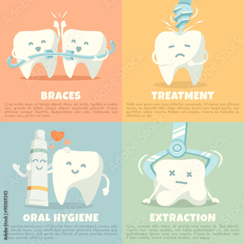 Oral hygiene banners with cute tooth. Vector illustration.