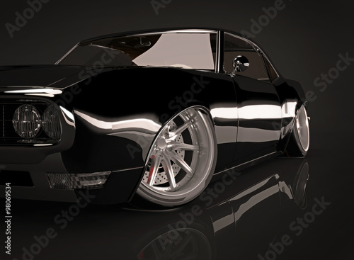 3d illustration of black tuned muscle car on black background © medvedsky_kz