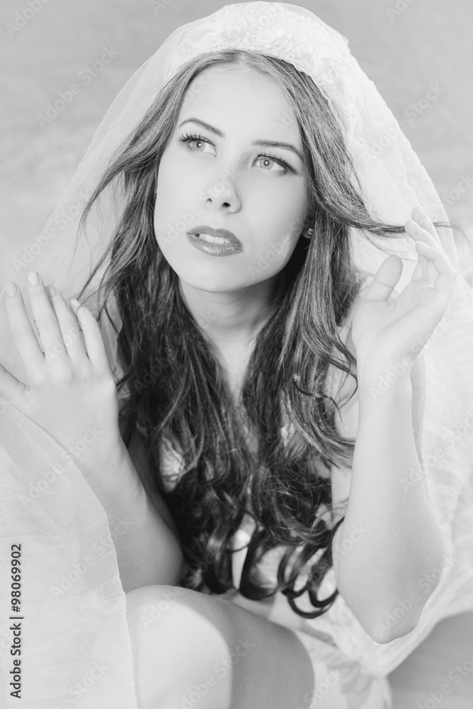 Black and white of beautiful young lady, close up portrait 