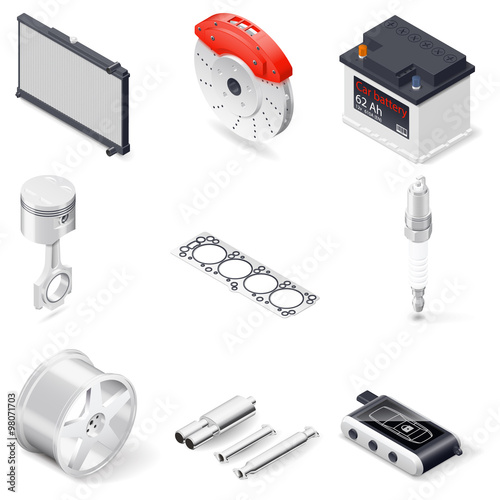 Car parts isometric icon set