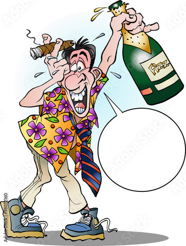 Vector cartoon illustration of a man celebrating crazy with balloon