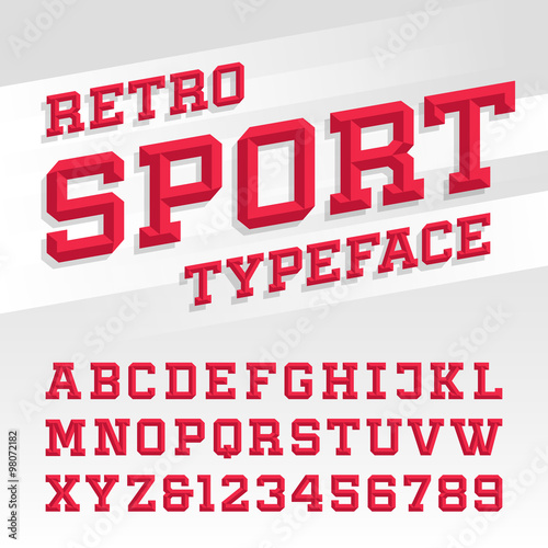 Beveled alphabet vector font. Retro sport style typeface for labels, titles, posters or sportswear transfers. Type letters, numbers and symbols on the bright background. 