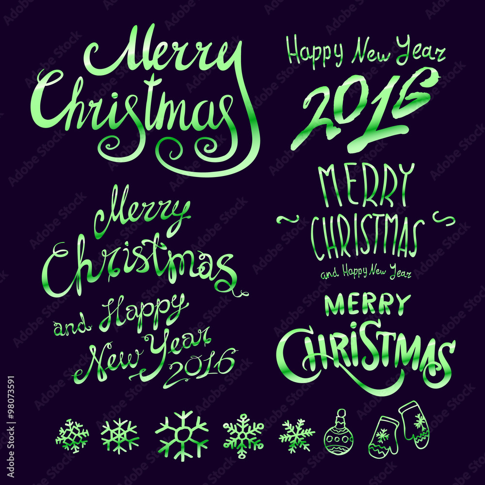 Colored chalk painted illustration with Christmas ball,  ''Merry Christmas & Happy New Year'' text  and set of different holiday objects with golden elements. Happy New 2016 Year Theme. Card design.