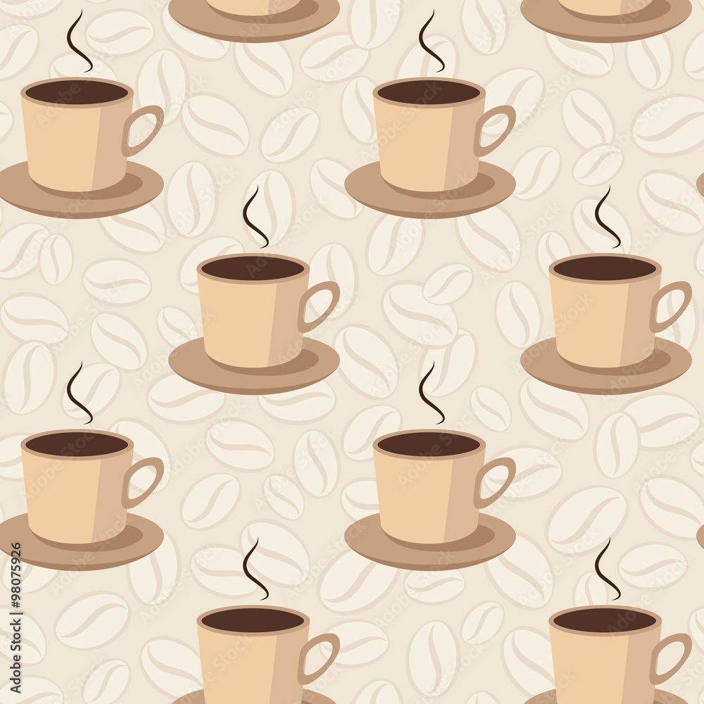 Obraz premium seamless vector pattern with cups on coffee beans background