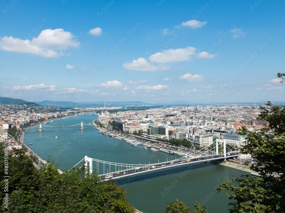 large view of panorama by Citadel hill of Danube river and Budapest city