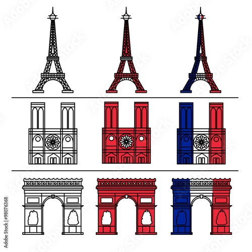Paris Monuments Set - Eiffel Tower, Notre Dame de Paris, Arc of Triomphe