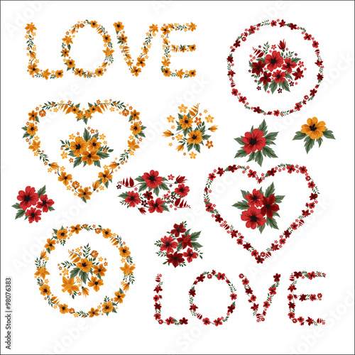 Set of Flowers - Frames, Letters and Hearts for Valentine's Day