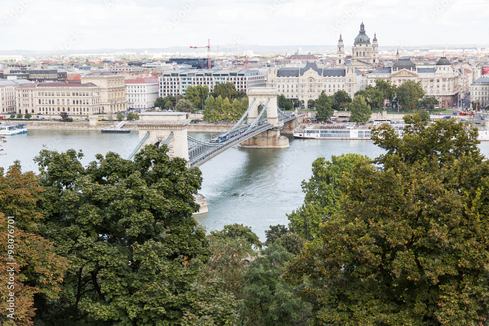 panoramic view from Citadel Hill of Budapest city and Danube river and bridge