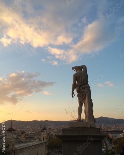 Statue on Mt.Monjuvic, Barcelona at sunset