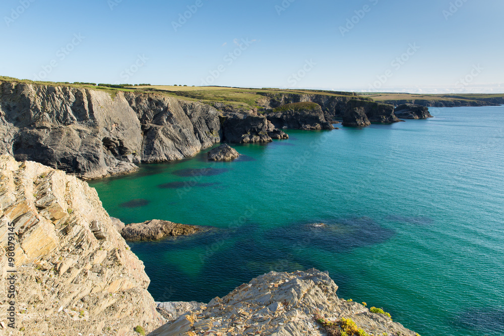 Beautiful North Cornwall coastline with turquoise blue sea near Newquay in summer from the south west coast path Beautiful North Cornwall coastline with turquoise blue sea near Newquay in summer from the south west coast path