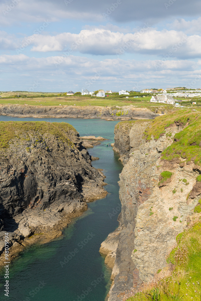 Obraz premium Treyarnon Bay coast Cornwall England UK Cornish north between Newquay and Padstow on a sunny summer blue sky day