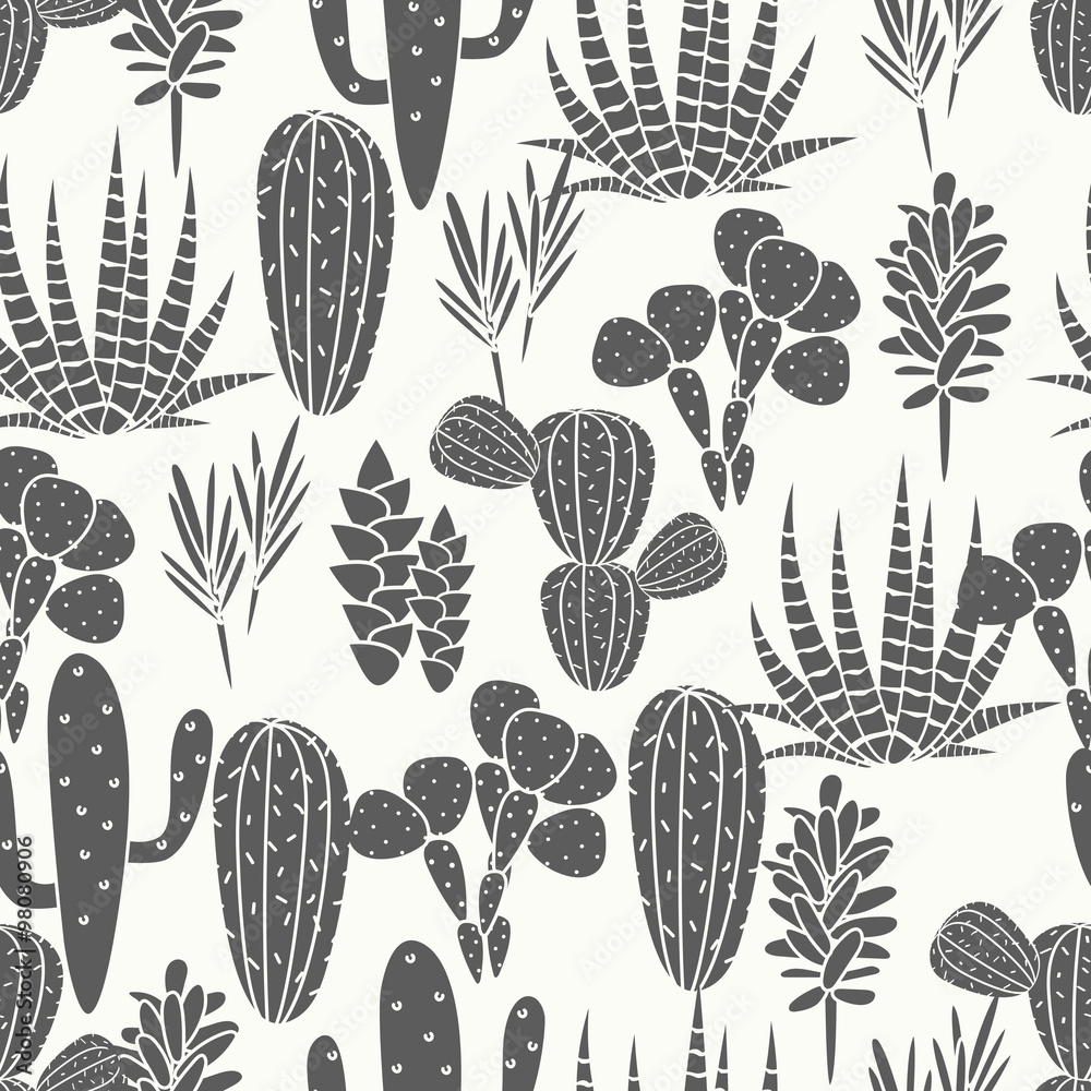 Succulents cacti plant vector seamless pattern. Botanical black and white desert flora fabric print. Home garden cartoon cactuses for wallpaper, curtain, tablecloth.