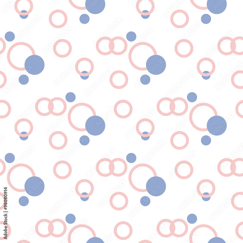 Geometric seamless pattern in pantone color of the year 2016. Abstract simple circles and dot design. Rose quartz and serenity violet colors.
