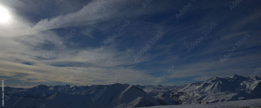 Top of ski slope at nice sun morning. Caucasus Mountains, Georgia, region Gudauri.