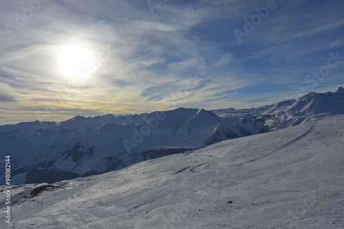 Top of ski slope at nice sun morning. Caucasus Mountains, Georgia, region Gudauri. © nizami