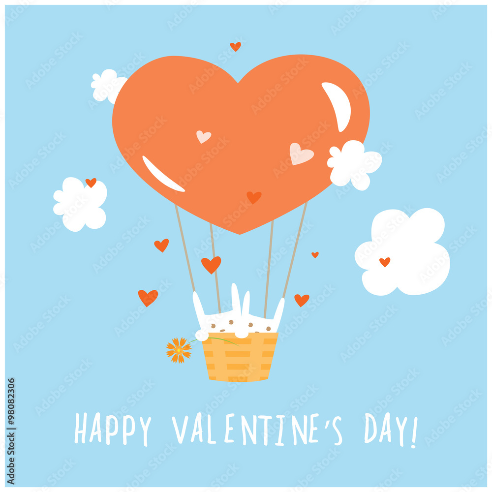 Vector card by Valentine's Day with couple of rabbits flying in the sky by a balloon. Vector card by Valentine's Day with couple of rabbits flying in the sky by a balloon.