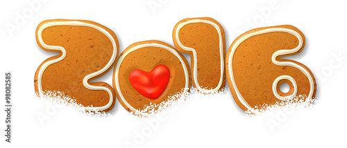     New Year, vector inscription 2016 in shape of Christmas gingerbreads, decorated white icing, isolated on white 