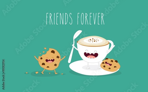 Coffee and cookies illustration. Vector cartoon. Friends forever. Comic characters.