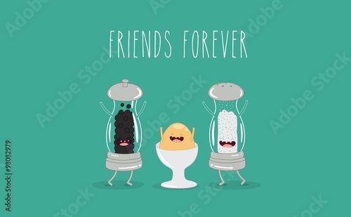 Salt, pepper and boiled egg illustration. Vector cartoon. Friends forever. Comic characters.