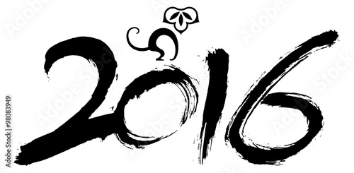 Happy New Year 2016 - Calligraphy of numbers made with traditional chinese brush and ink. A stylized ape is above the vintage scripture as a symbol to celebrate the chinese new year..
