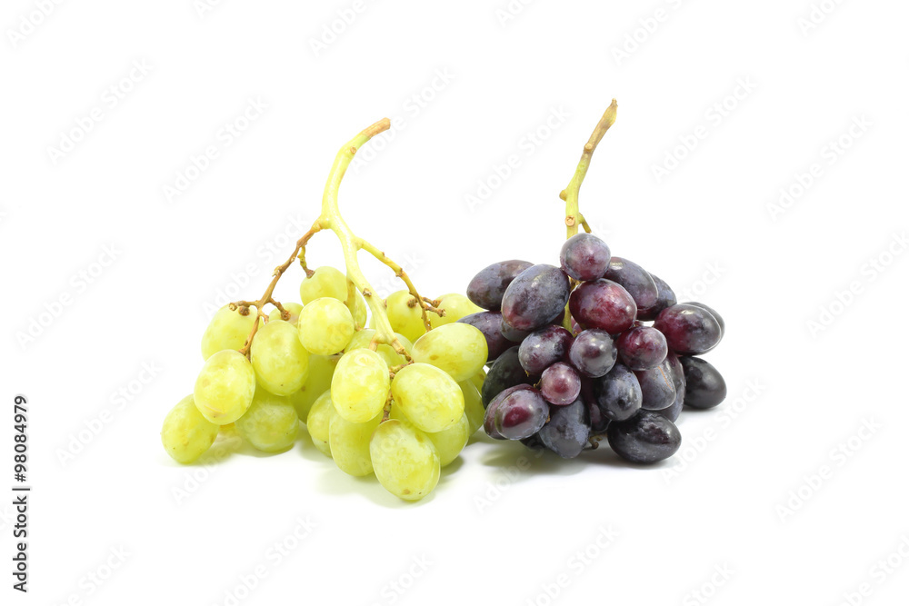 Green and black grapes bunch on white background Green and black grapes bunch on white background