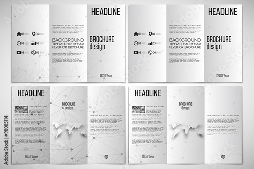 Vector set of tri-fold brochure design template on both sides with world globe element. Molecular structure design, scientific vector background