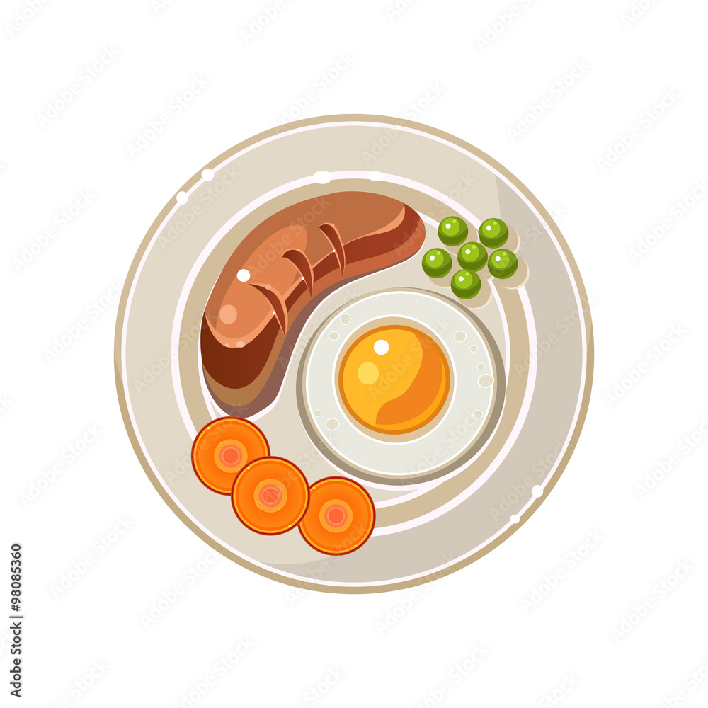 Breakfast Serving with a Fried Egg and Sausage. Vector Illustration Breakfast Serving with a Fried Egg and Sausage. Vector Illustration