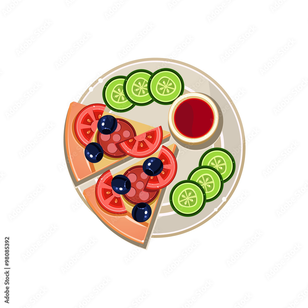 Pizza Slices, Sauce and Sliced Cucumbers Served Food. Vector Illustration Pizza Slices, Sauce and Sliced Cucumbers Served Food. Vector Illustration
