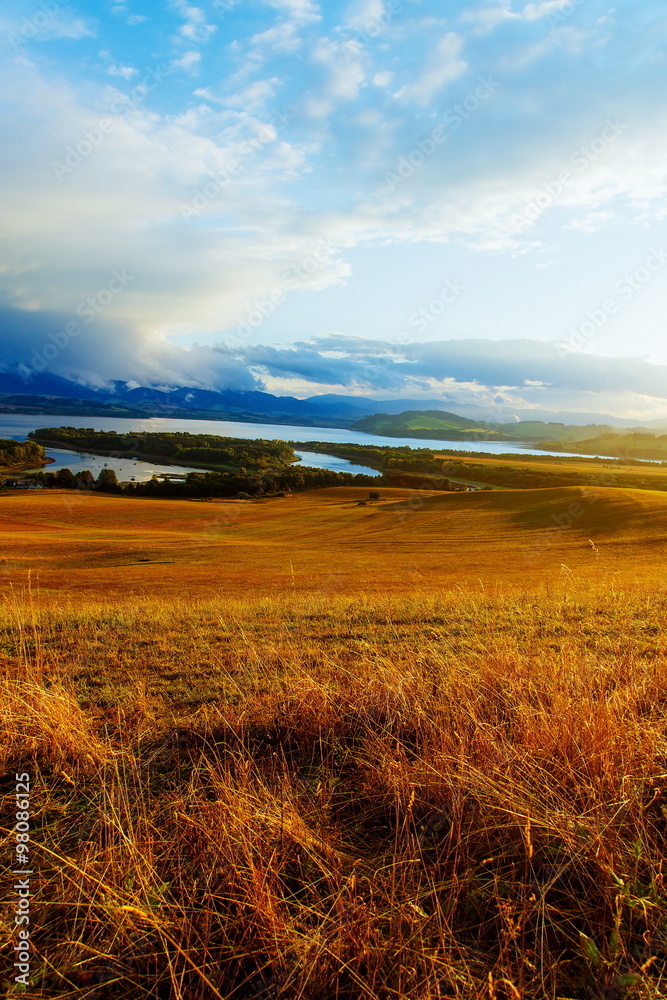 Beautiful landscape, green and yellow meadow and lake with mountain in background. Slovakia, Central Europe.