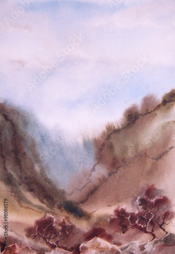 Watercolor landscape. Tree, ravine, slope, mountains
