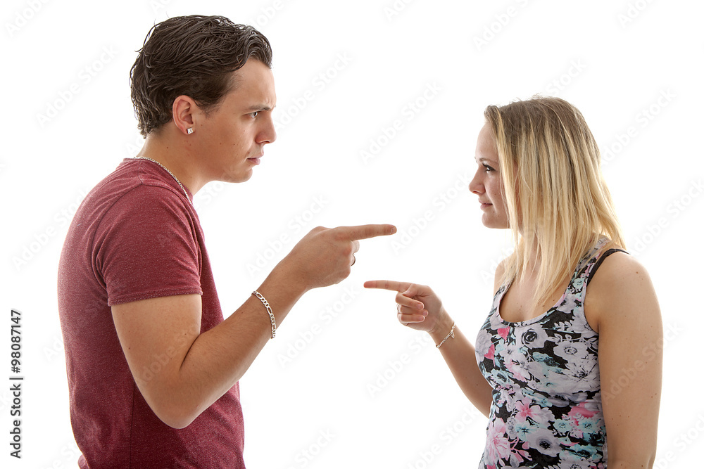 Couple is arguing over white background Couple is arguing over white background