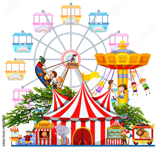 Amusement park scene with many rides