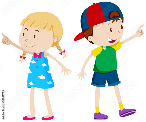Girl pointing left and boy pointing right