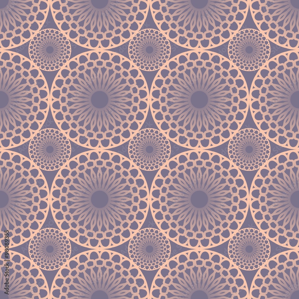 Seamless fine pink lace patterns in vintage style. Circle shapes on purple background.