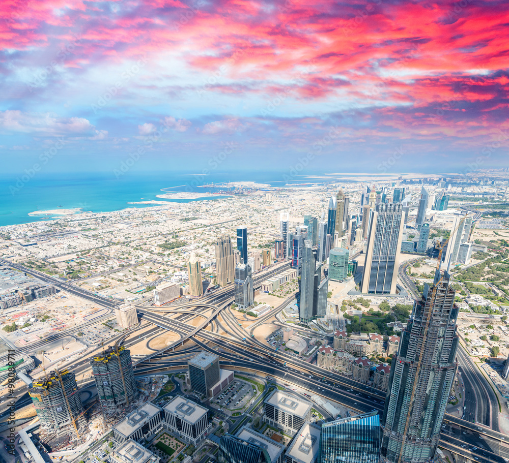 Dubai skyline at dusk. Beautiful city aerial view